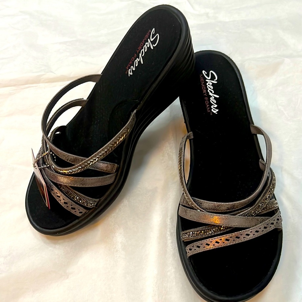 Wide Skechers Silver and Black Wedge Sandals with Metallic Accents